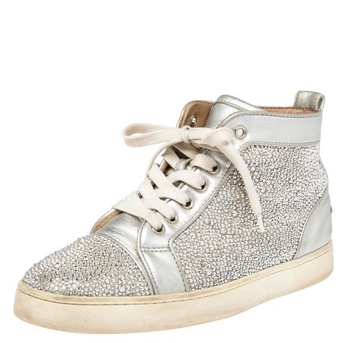 Christian Louboutin Silver Leather And Crystal Embellished Louis Spikes High-Top Sneakers Size 38.5 - Christian Louboutin - Modalova