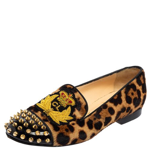 Christian Louboutin Brown Leopard Print Calf Hair and Black Patent Leather Harvanana Spike Loafers Size 37 - Christian Louboutin - Modalova