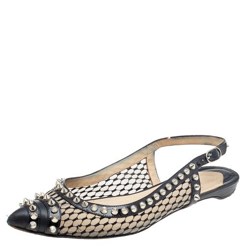 Christian Louboutin Black Leather And Mesh Spiked Flat Sandals Size 37 - Christian Louboutin - Modalova