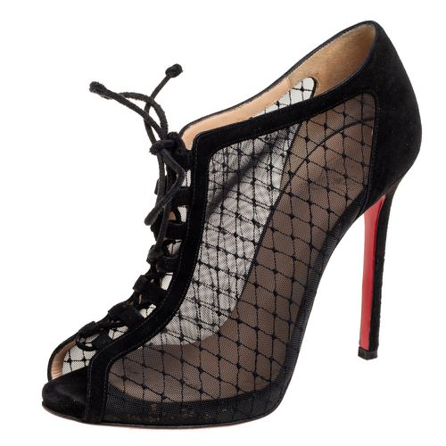 Christian Louboutin Black Mesh and Suede Lace-Up Peep-Toe Booties Size 38.5 - Christian Louboutin - Modalova