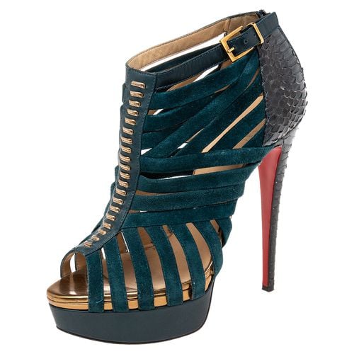 Christian Louboutin Dark Teal Suede and Python Leather Caged Karina Booties Size 38.5 - Christian Louboutin - Modalova