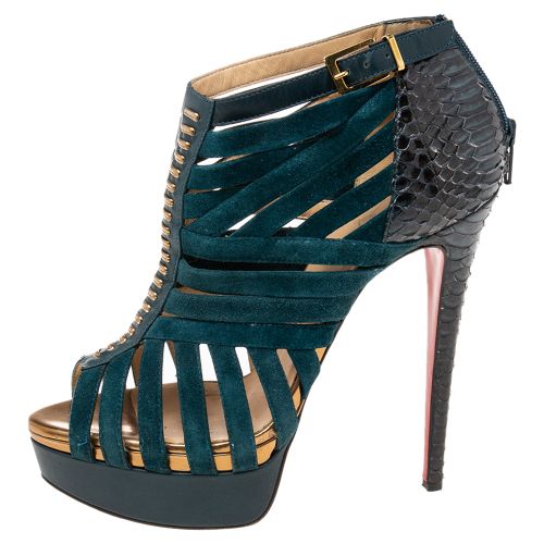 Dark Teal Suede and Python Leather Caged Karina Booties Size 38.5 - Christian Louboutin - Modalova