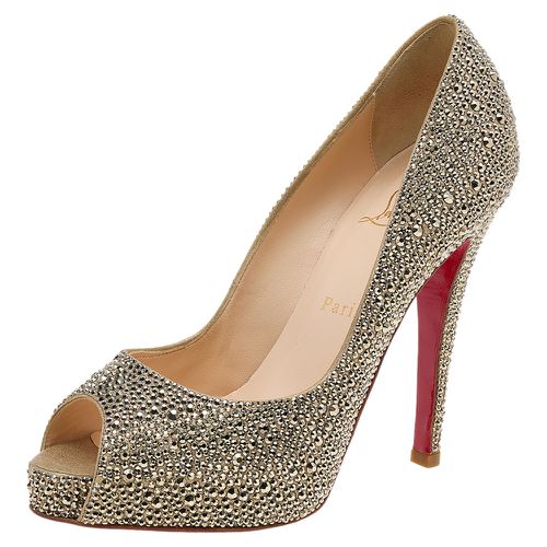 Christian Louboutin Gold Crystal Embellished Suede Rhinestone Peep Toe Pumps Size 38 - Christian Louboutin - Modalova