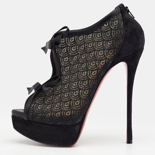 Christian Louboutin Black Suede, Lace and Mesh Empiralta Bow Open Toe Ankle Booties Size 37 - Christian Louboutin - Modalova