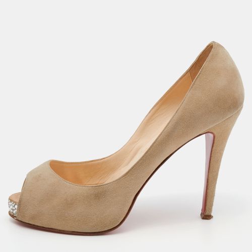 Christian Louboutin Beige Suede Very Prive Crystal Embellished Peep Toe Pumps Size 38.5 - Christian Louboutin - Modalova