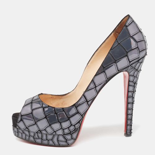 Christian Louboutin Slate Grey/Black Patent Leather and Satin Mosaic Sobek Peep-Toe Platform Pumps Size 39 - Christian Louboutin - Modalova