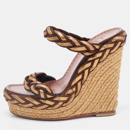 Christian Louboutin Brown/Gold Braided Leather and Suede Espadrille Wedge Sandals Size 35 - Christian Louboutin - Modalova