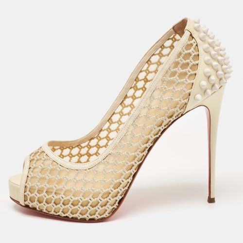 Christian Louboutin Cream Patent Leather and Mesh Guni Spiked Peep Toe Pumps Size 38 - Christian Louboutin - Modalova