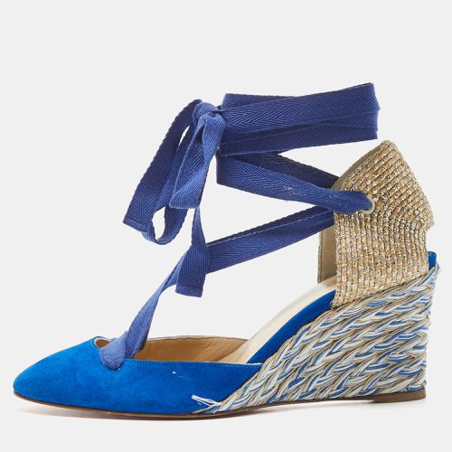 Christian Louboutin Blue/Gold Raffia and Suede Wedge Pumps Size 36 - Christian Louboutin - Modalova