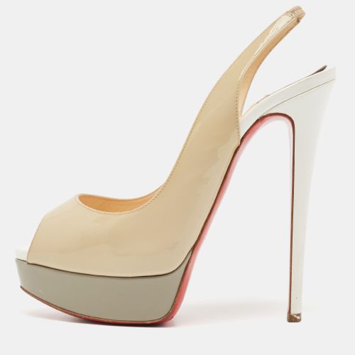 Christian Louboutin Beige/Grey Patent Leather Lady Peep Platform Slingback Pumps Size 38.5 - Christian Louboutin - Modalova