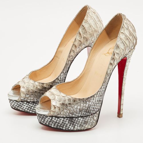 Metallic/ Python Leather Lady Peep Toe Platform Pumps Size 38.5 - Christian Louboutin - Modalova