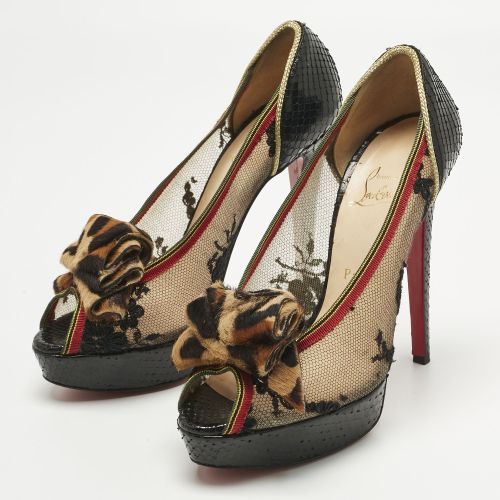 Lace and Python Leather Calf Hair Bow Peep Toe Platform Pumps Size 38.5 - Christian Louboutin - Modalova