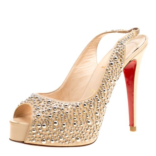 Christian Louboutin Beige Studded Patent Leather Star Prive Peep Toe Slingback Sandals Size 39 - Christian Louboutin - Modalova