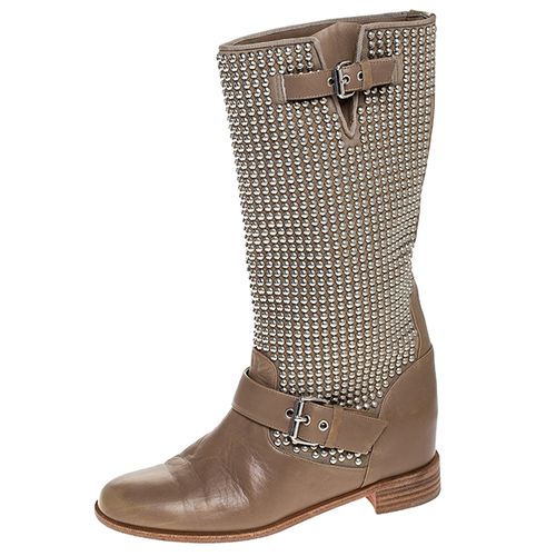 Christian Louboutin Beige Leather Studded Buckle Detail Mid Calf Boots Size 37 - Christian Louboutin - Modalova