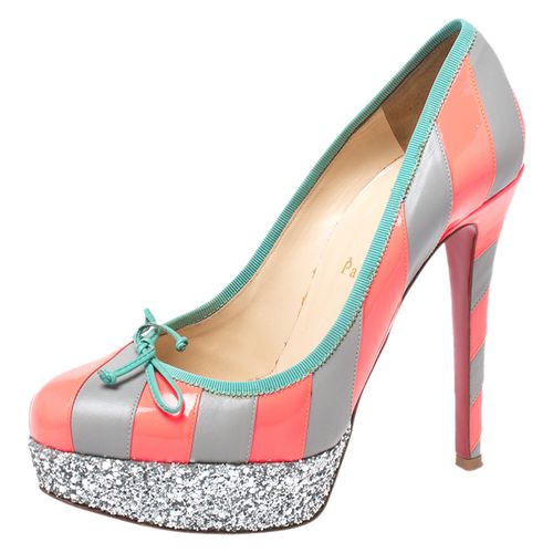 Christian Louboutin Fluorescent Pink/Grey Striped Leather Foraine Glitter Platform Pumps Size 37.5 - Christian Louboutin - Modalova