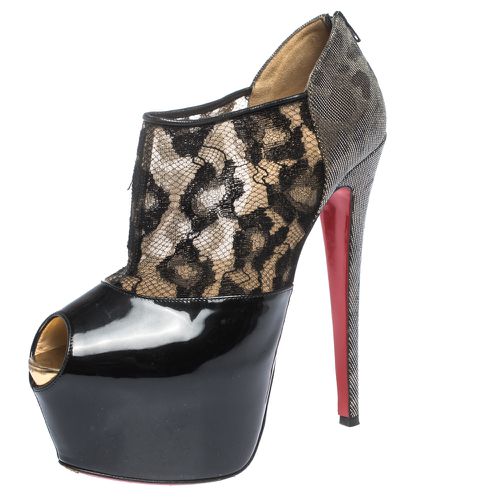 Christian Louboutin Black Leopard Print Lamé Fabric and Patent Leather Aeronotoc Peep Toe Platform Booties Size 38 - Christian Louboutin - Modalova