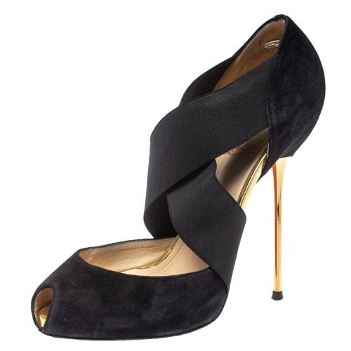 Christian Louboutin Black Suede And Elastic Cross Strap Peep Toe Sandals Size 38 - Christian Louboutin - Modalova