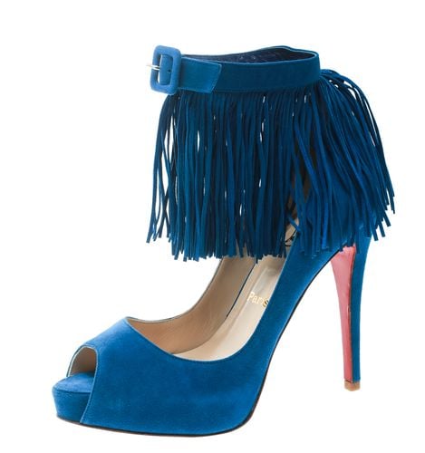 Christian Louboutin Cobalt Blue Suede Tina Fringe Detail Ankle Strap Peep Toe Pumps Size 37 - Christian Louboutin - Modalova