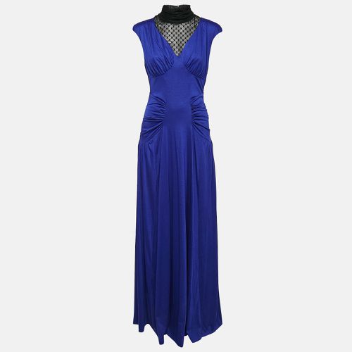 Class by Roberto Cavalli Blue Tulle Trim Jersey Ruched Maxi Dress M - Class by Roberto Cavalli - Modalova