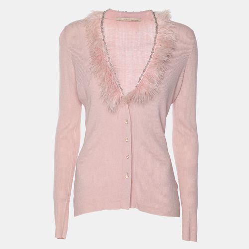 Class by Roberto Cavalli Pink Stretch Knit and Feather Long Sleeve Cardigan L - Class by Roberto Cavalli - Modalova