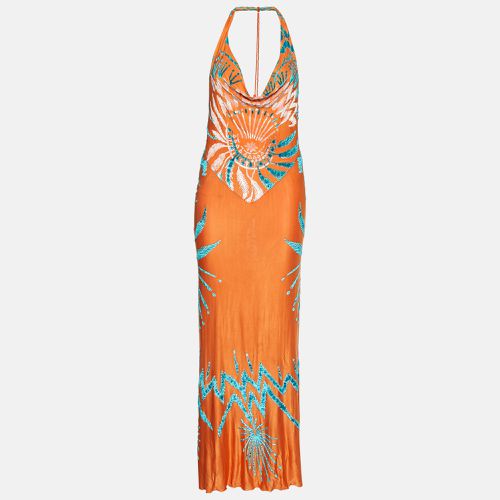 Class by Roberto Cavalli Orange Jersey Velvet Textured Halter Neck Maxi Dress L - Class by Roberto Cavalli - Modalova