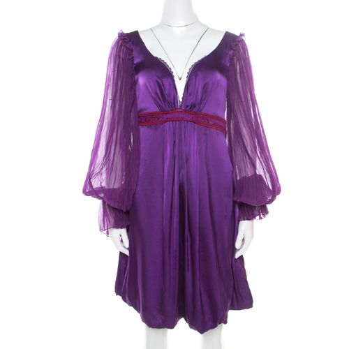 Class by Roberto Cavalli Purple Satin Embroidered Waist Detail Plunge Neck Dress M - Class by Roberto Cavalli - Modalova