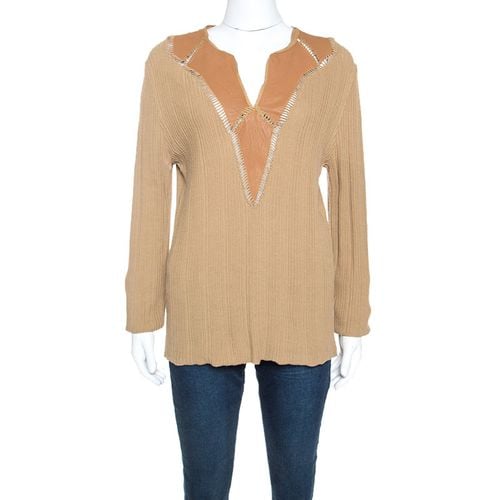 Class by Roberto Cavalli Tan Rib Knit Leather Trim Top XXL - Class by Roberto Cavalli - Modalova