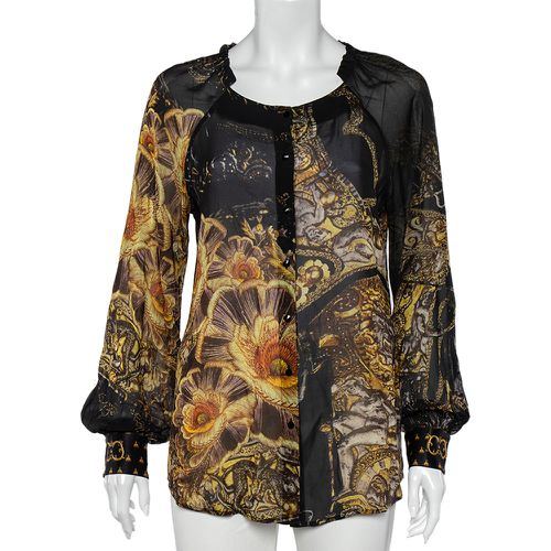 Class by Roberto Cavalli Black Printed Silk Ruffled Neck Button Front Top M - Class by Roberto Cavalli - Modalova