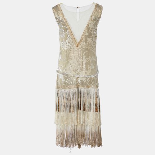 Class by Roberto Cavalli Gold Devore Fringe Detail Belted Sleeveless Dress L - Class by Roberto Cavalli - Modalova