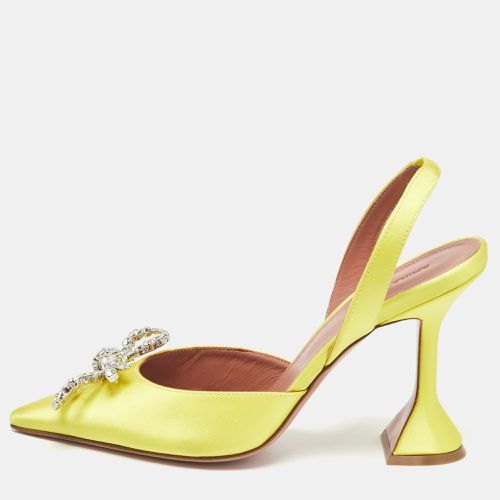 Amina Muaddi Yellow Satin Crystal Embellished Pointed Toe Slingback Pumps Size 36.5 - Amina Muaddi - Modalova