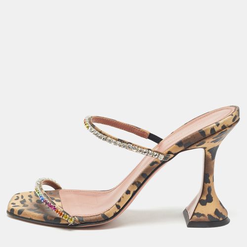 Amina Muaddi Brown/Black Leopard Print Satin Crystal Embellished Glida Sandals Size 37.5 - Amina Muaddi - Modalova