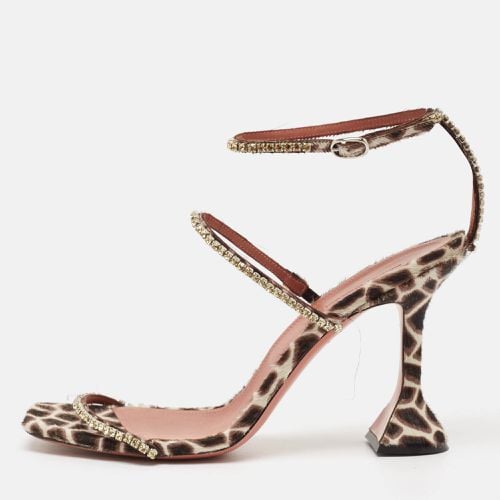 Amina Muaddi Brown/Beige Animal Print Calf Hair Crystal Embellished Gilda Sandals Size 41 - Amina Muaddi - Modalova