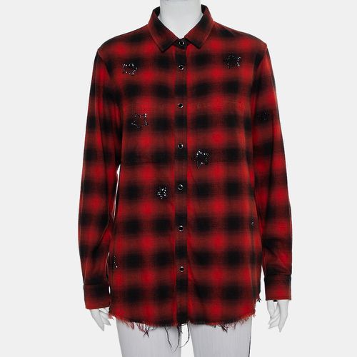 Amiri Red & Black Plaided Flannel Crystal Star Embellished Frayed Hem Shirt S - Amiri - Modalova