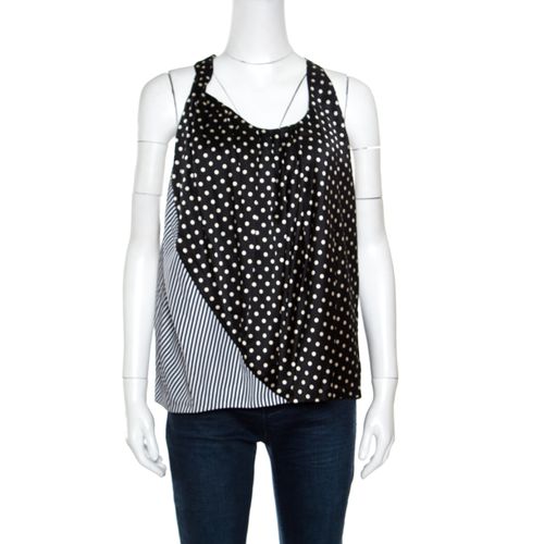 Acne Monochrome Shy Dots and Striped Panel Detail Silk Asymmetric Tank Top L - Acne Studios - Modalova