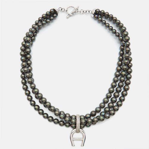 Aigner Logo Crystals Black Faux Pearls Silver Tone Multistrand Necklace - Aigner - Modalova