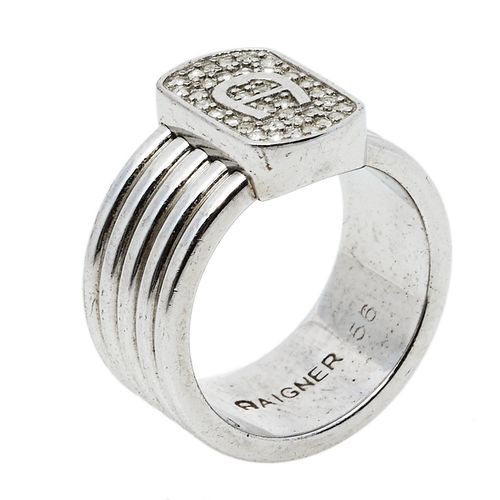 Aigner Silver Tone Crystal Logo Band Ring Size EU 56 - Aigner - Modalova