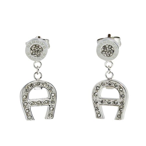 Aigner Silver Tone Crystal Logo Drop Earrings - Aigner - Modalova