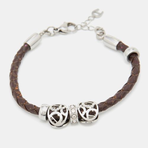 Aigner Crystal Logo Charm Brown Braided Leather Bracelet - Aigner - Modalova