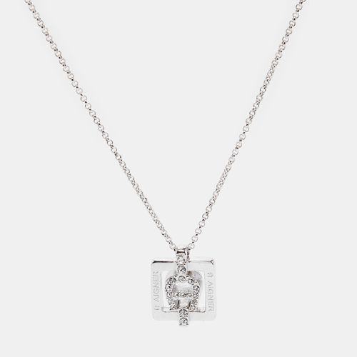 Aigner Silver Tone Square Crystal Logo Pendant Necklace - Aigner - Modalova