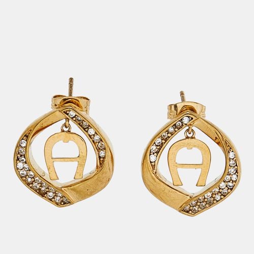 Aigner Gold Tone Logo Crystal Detail Stud Earrings - Aigner - Modalova