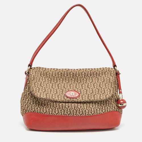 Aigner Beige/Red Signature Canvas and Leather Logo Flap Shoulder Bag - Aigner - Modalova