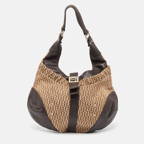 Aigner Brown/Beige Monogram Canvas and Leather Logo Flap Hobo - Aigner - Modalova