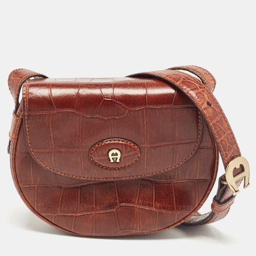 Aigner Dark Brown Croc Embossed Leather Flap Saddle Crossbody Bag - Aigner - Modalova