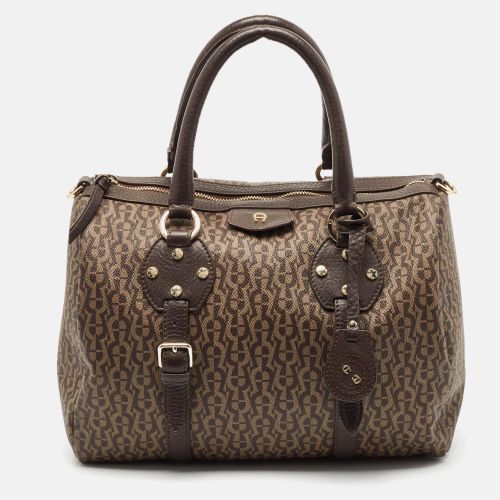 Beige Signature Coated Canvas and Leather Boston Bag - Aigner - Modalova