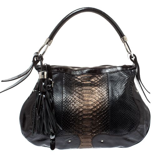 Aigner Dark Brown Python and Patent Leather Tassel Hobo - Aigner - Modalova