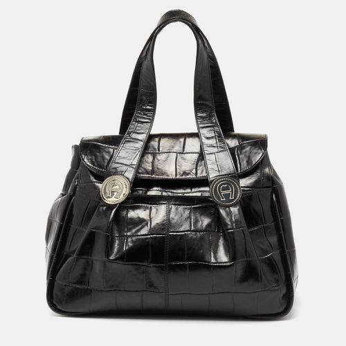 Aigner Black Croc Embossed Leather Satchel - Aigner - Modalova