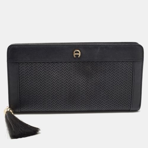 Aigner Black Woven Leather Cavallina Zip Around Continental Wallet - Aigner - Modalova