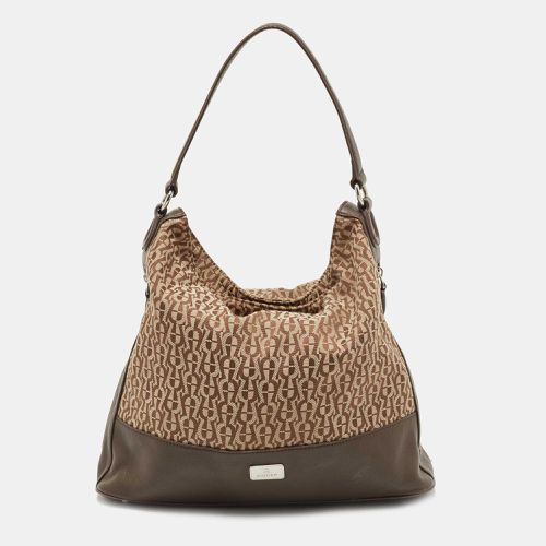 Aigner Beige/Brown Monogram Canvas and Leather Side Zip Hobo - Aigner - Modalova