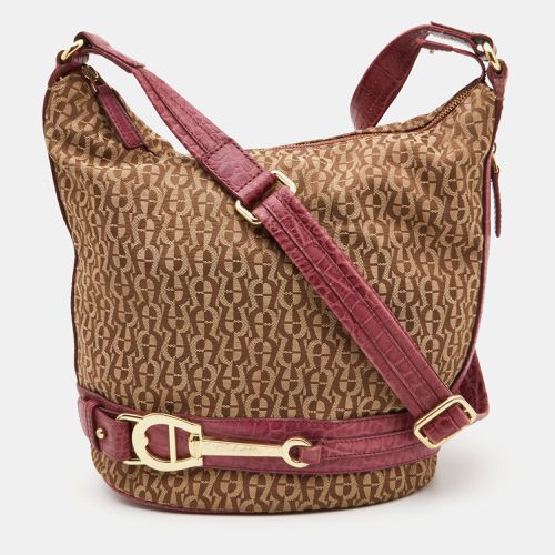 Aigner Beige/Pink Signature Canvas and Croc Embossed Leather Hobo - Aigner - Modalova