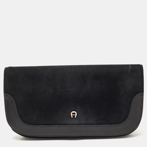 Aigner Black Suede And Leather Logo Flap Clutch - Aigner - Modalova